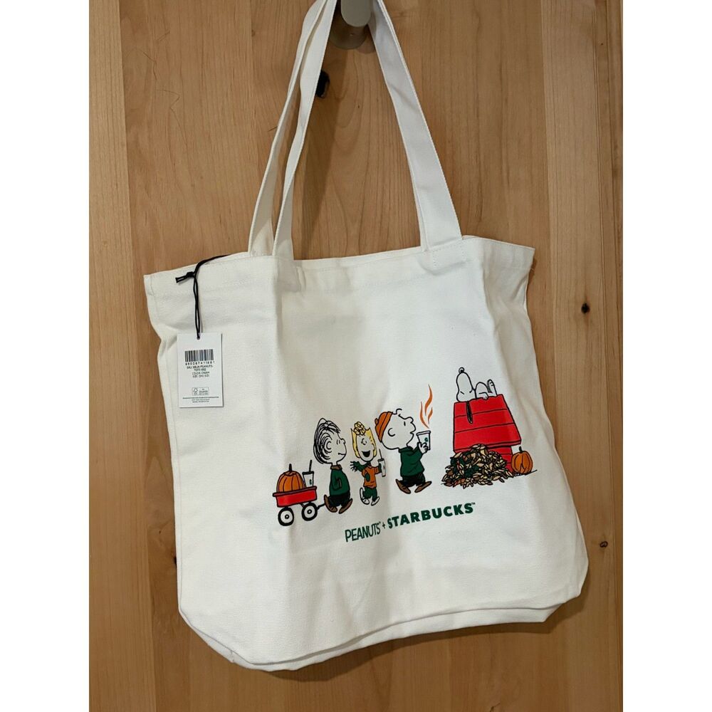 Starbucks x Peanuts Snoopy Doghouse & Wagon Canvas Tote Bag Cream NWT